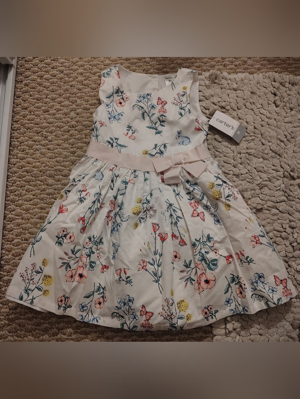 White Floral Dress with Blush Waist Bow